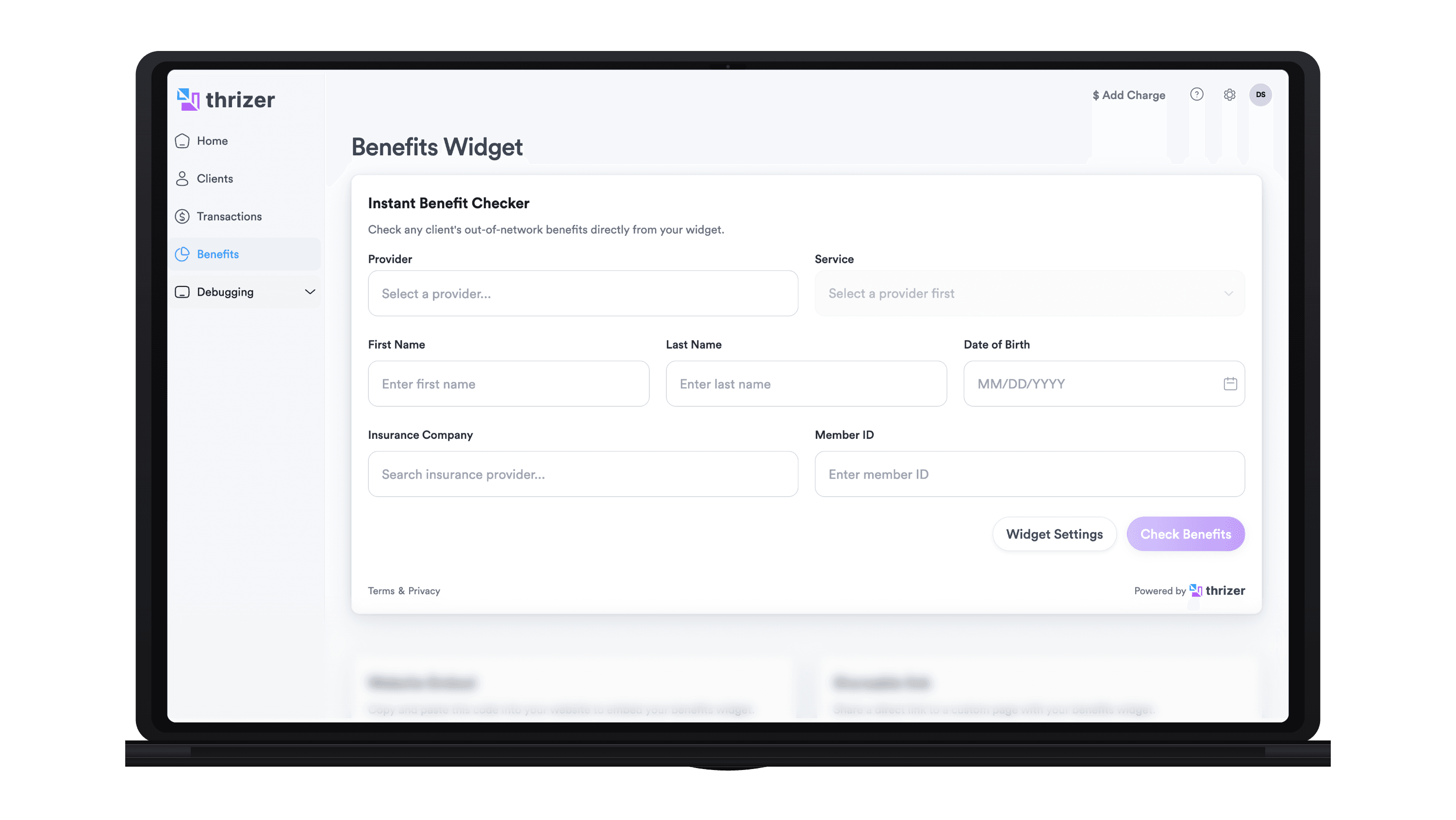 Thrizer Benefits Widget preview for website embed and shareable link marketing.