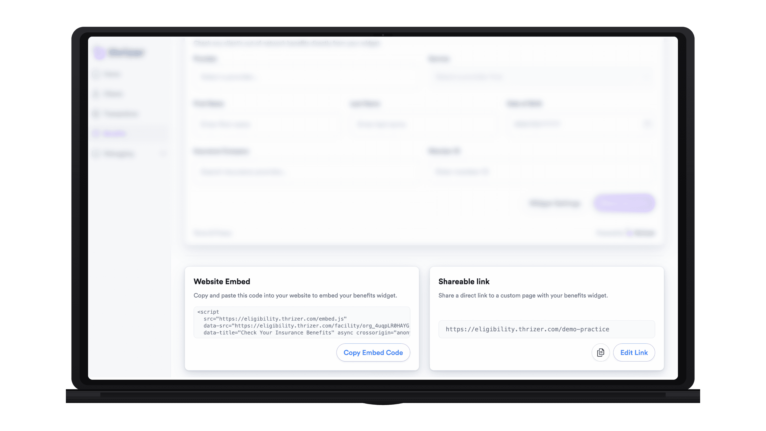 Thrizer Benefits Widget share options for embedding on a website or sharing a custom link.