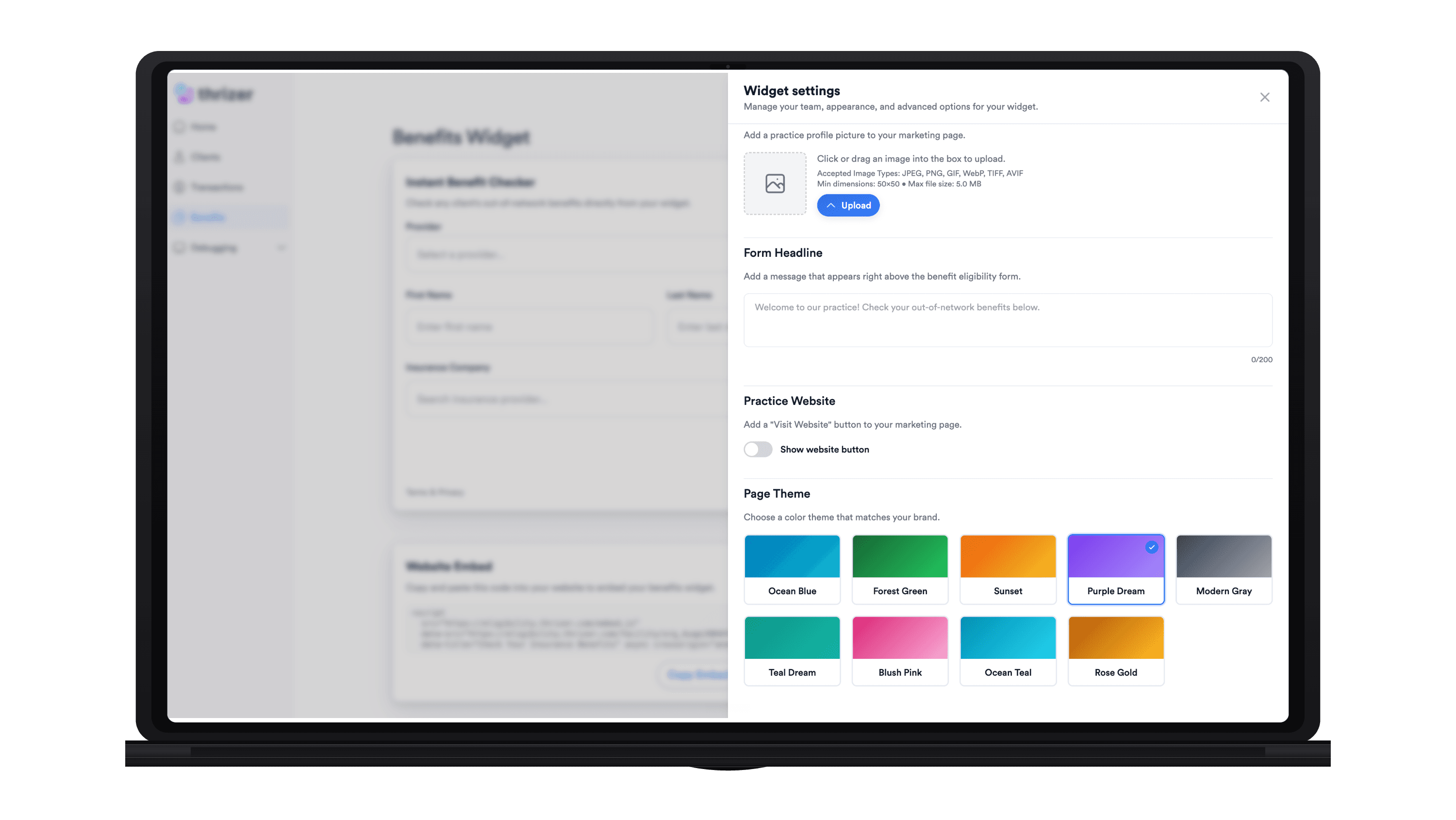 Thrizer Benefits Widget settings for customizing providers, services, and pricing.