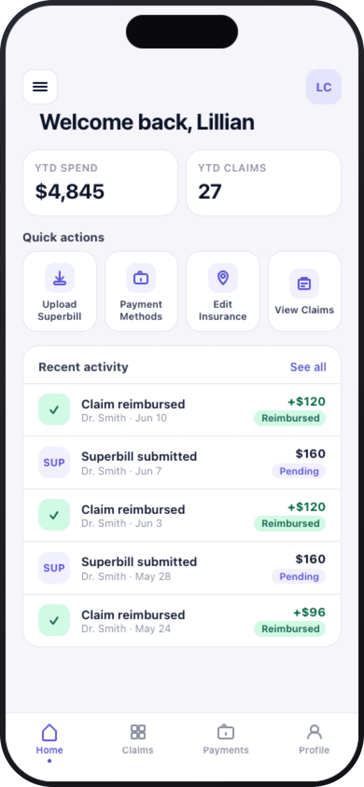 Thrizer client portal home screen showing spend, claims, quick actions, and recent activity.