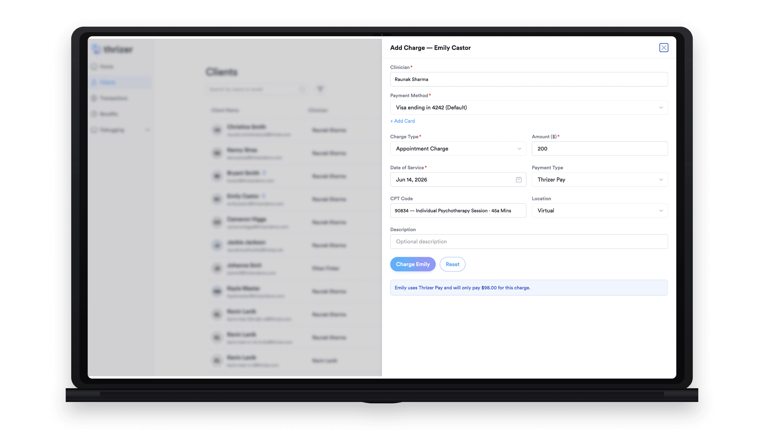 Thrizer add charge flow for collecting payment after appointments.