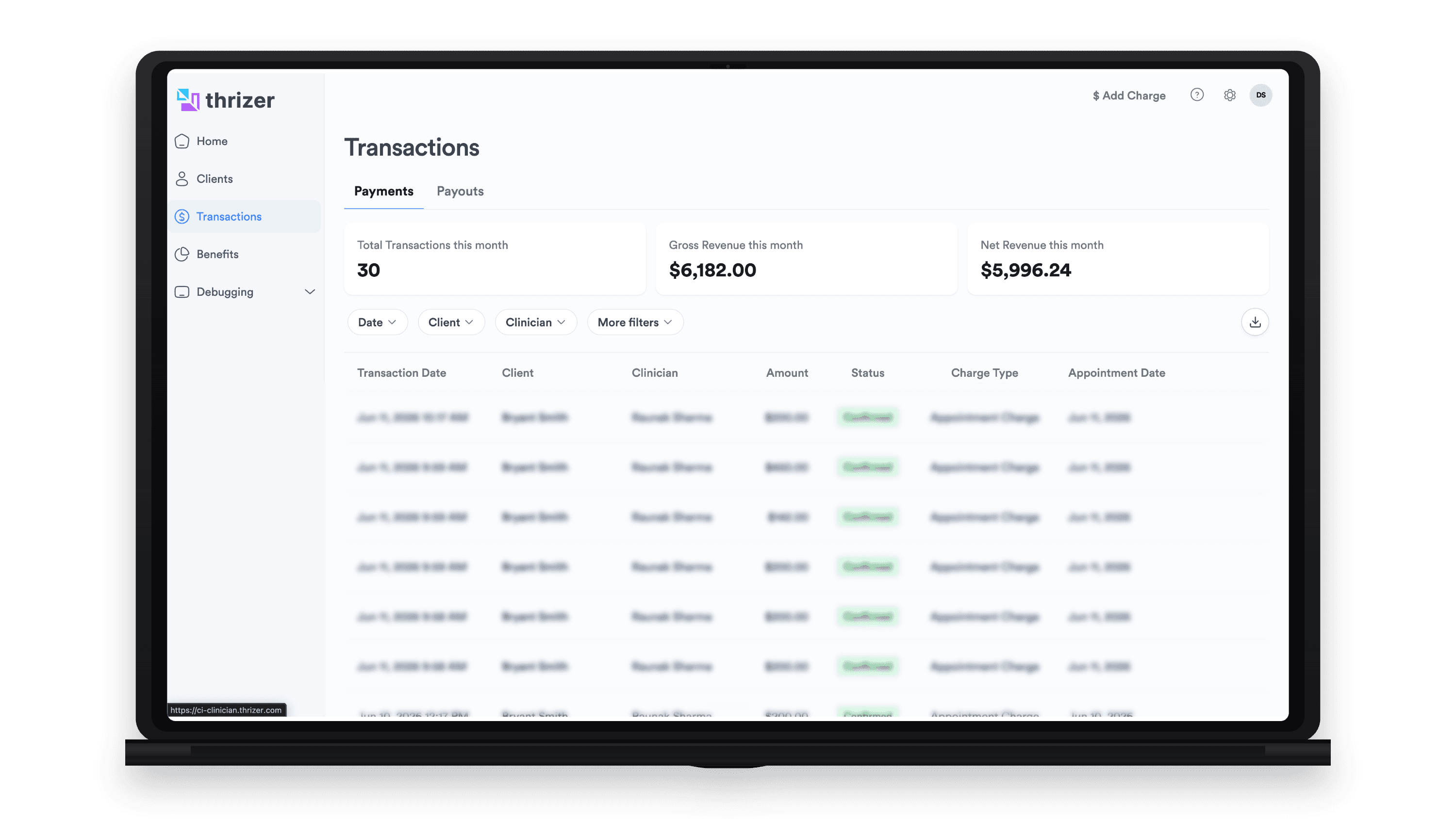 Thrizer transactions view for reconciling payments and tracking revenue.