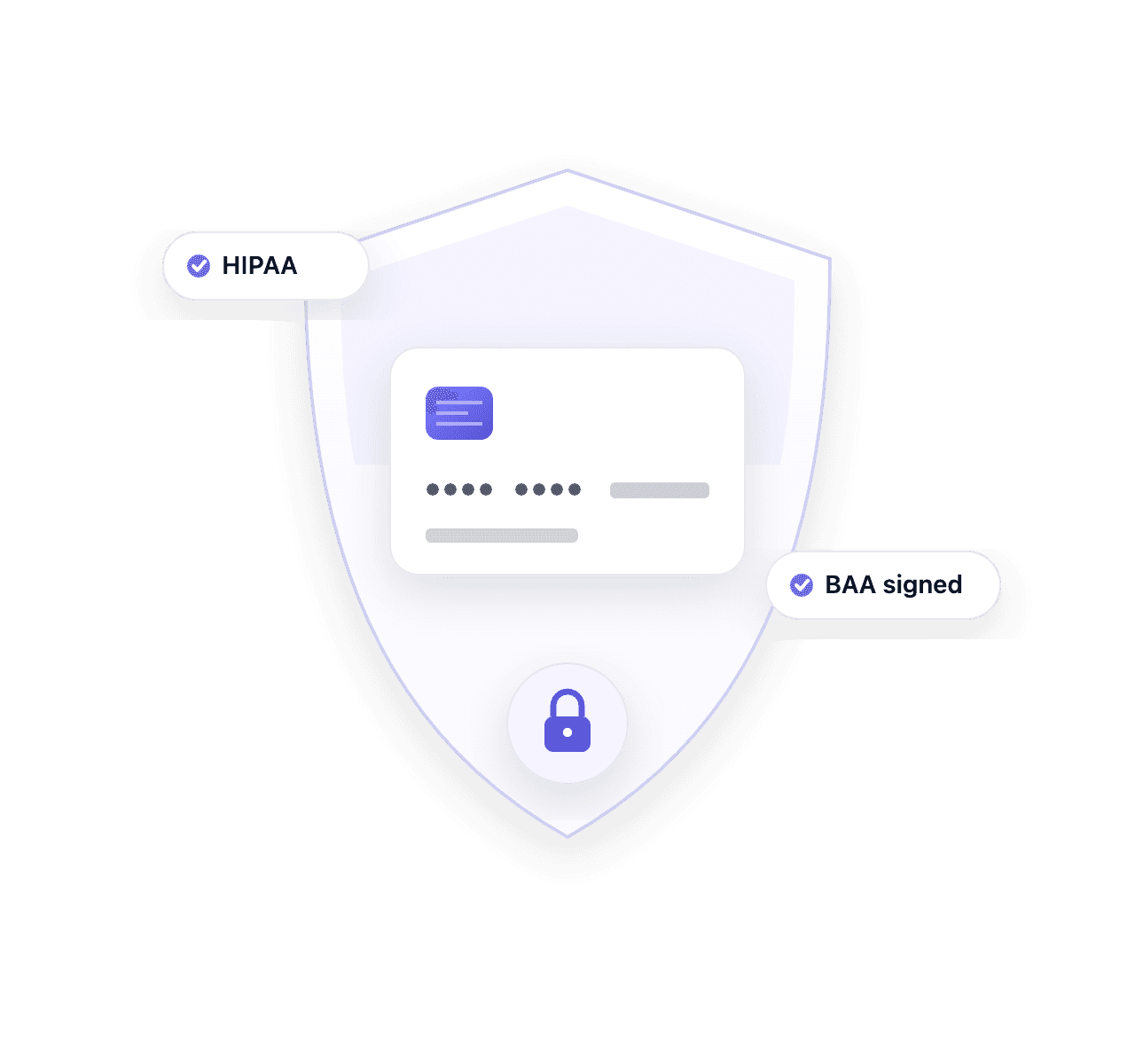 Illustration of a shielded payment card with HIPAA and BAA signed badges.